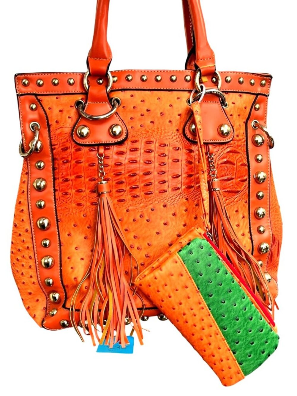 Rustic Couture Orange shoulder Bag with Matching Wallet Ostrich Embossed